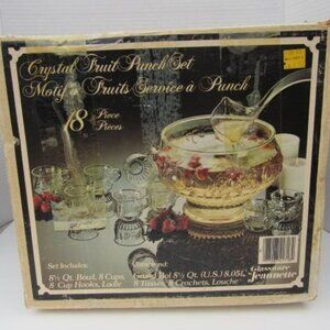 Vintage Jeanette Pressed Glass Fruit Motif Punch Bowl Set w/ 5 Cups/ 5Hooks